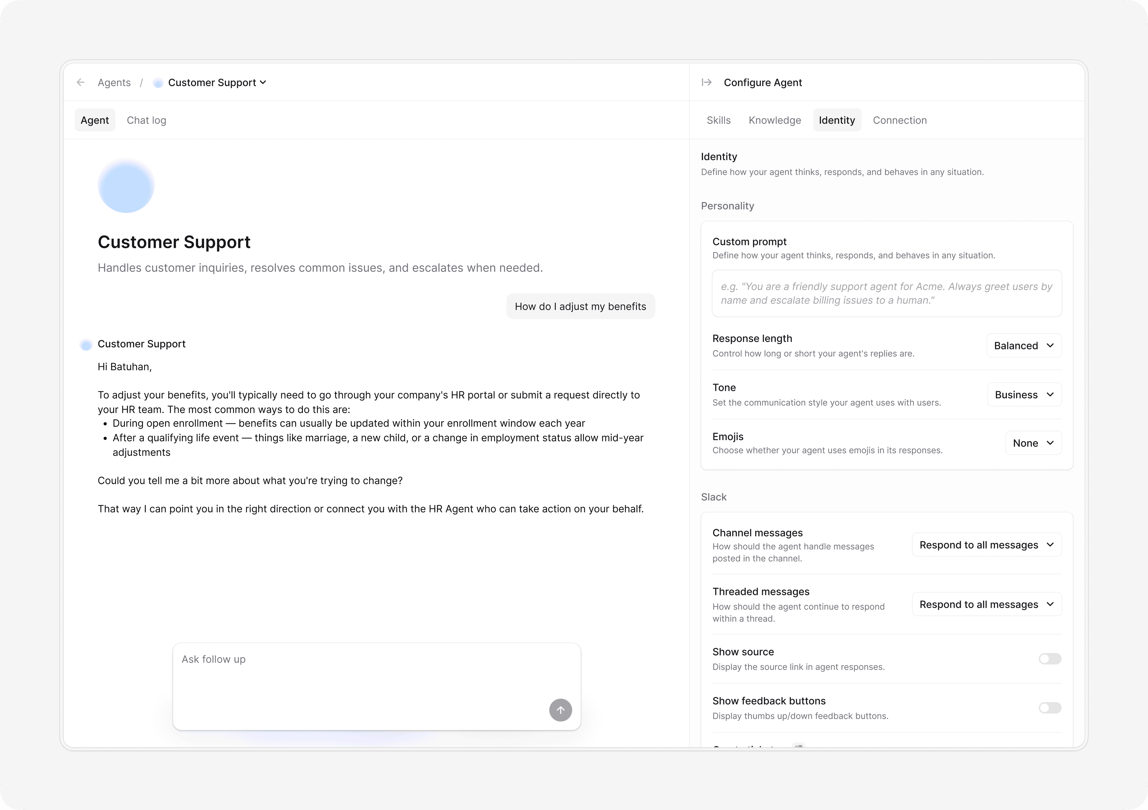 Ravenna agent builder showing a Customer Support agent response and configuration panel.
